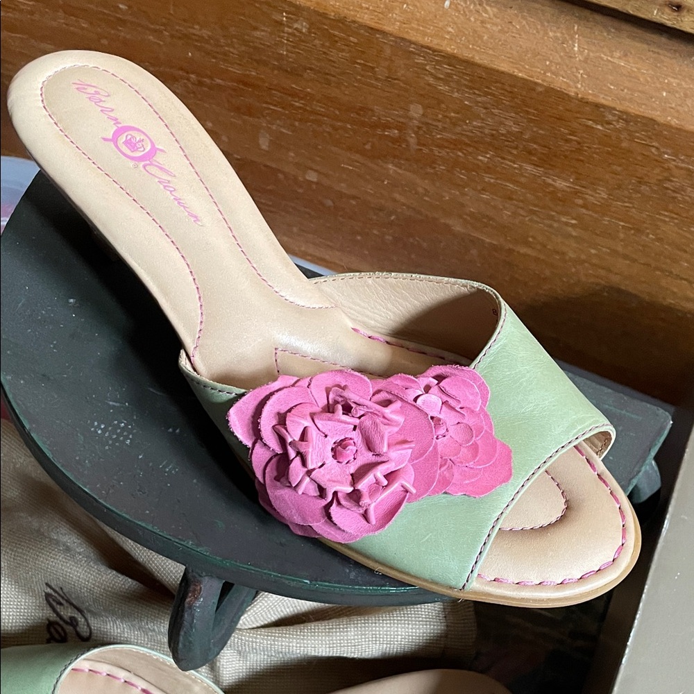 Born Pink and Green Aphrodite Floral Slides with Kitten Heels